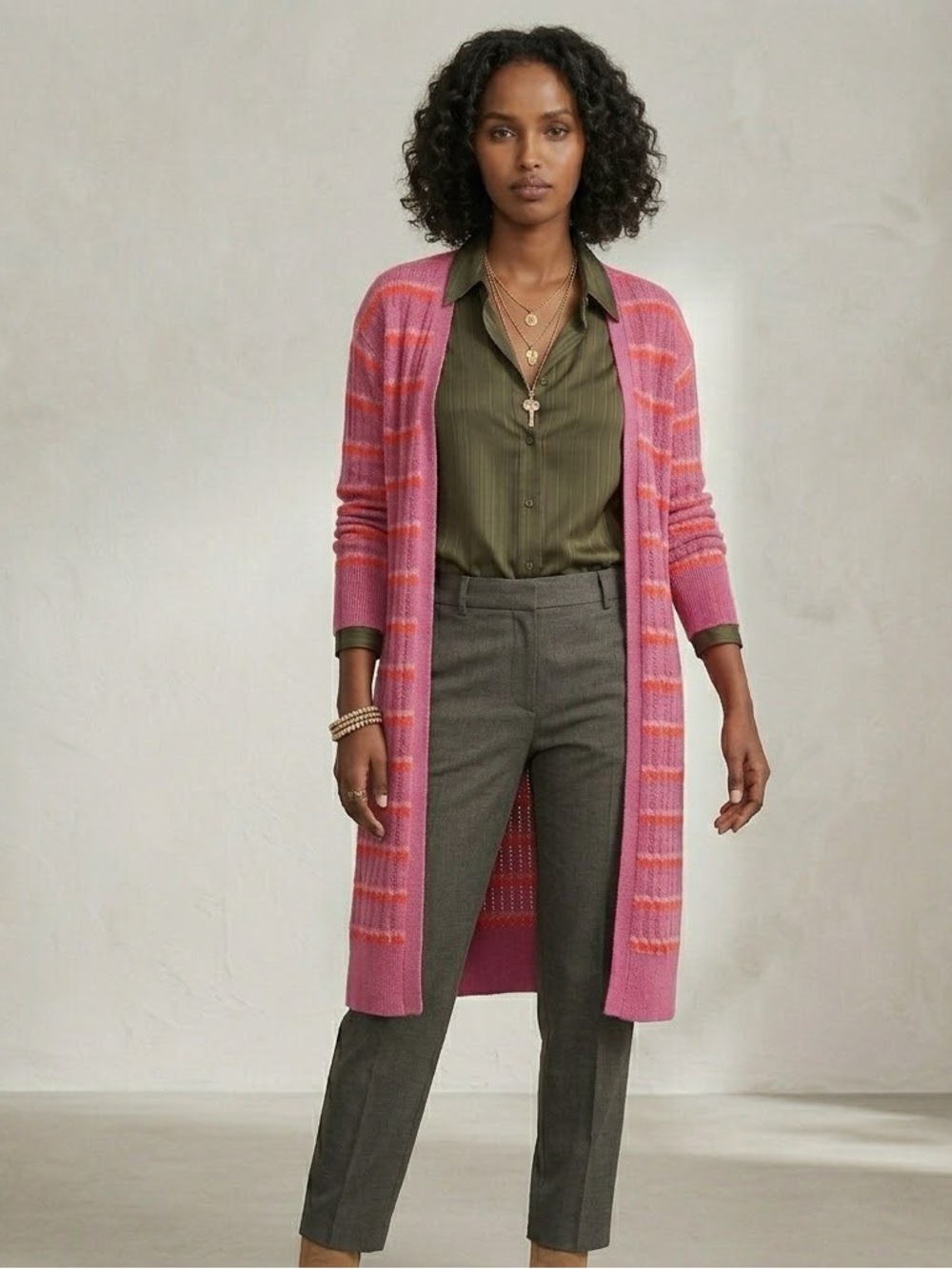 LOFT Pink Red Striped Wavy Pointelle Open Front Duster Cardigan Size Small